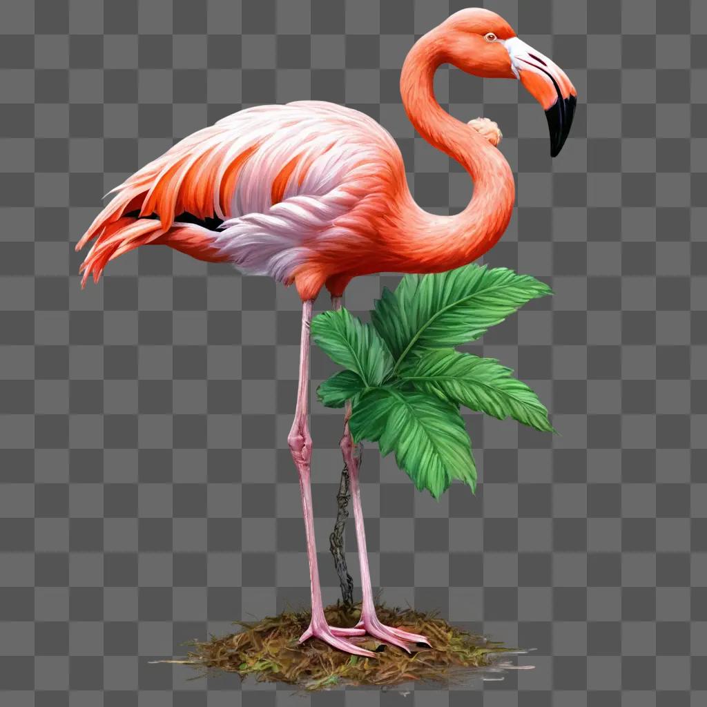 flamingos sketch A flamingo stands on a leafy plant