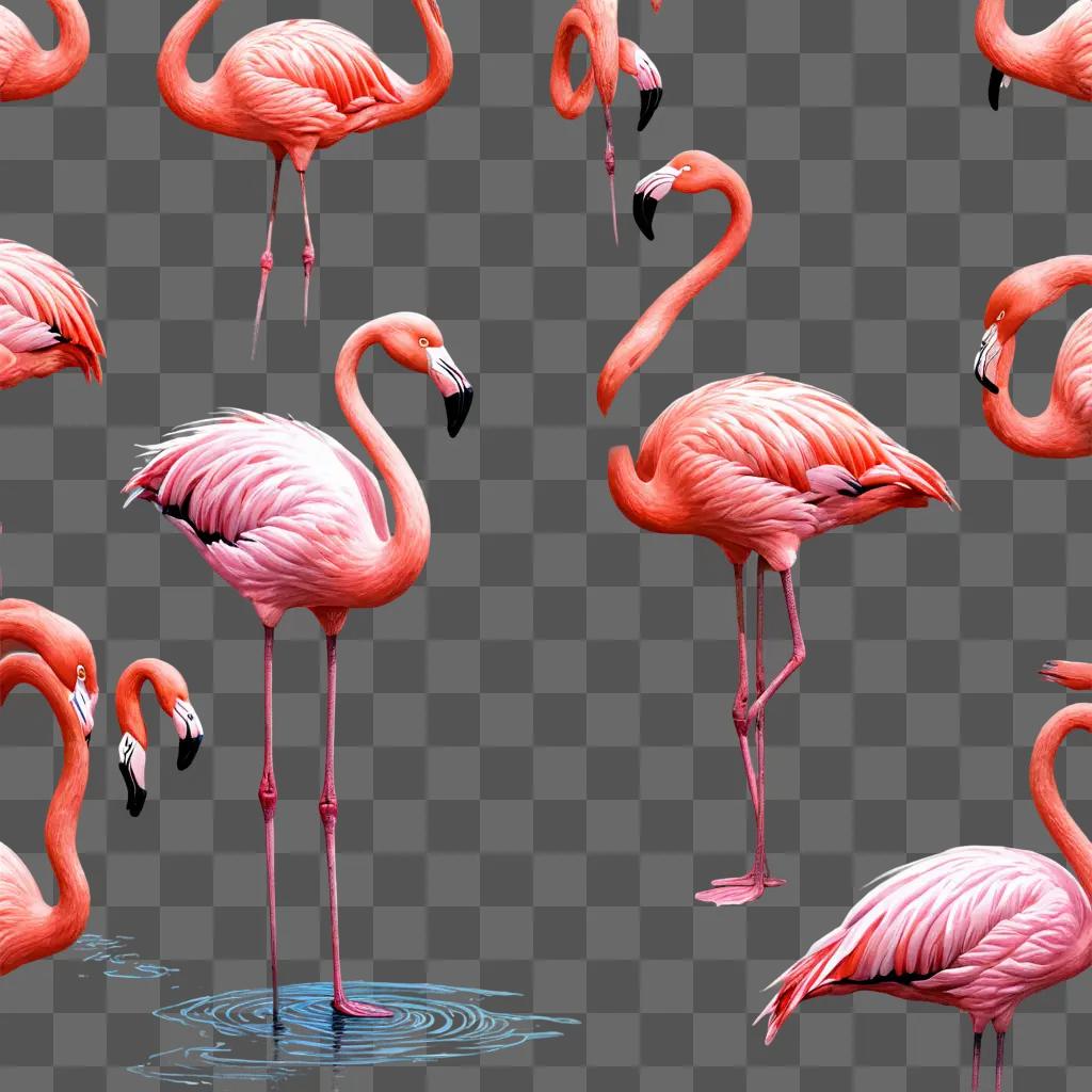 flamingos sketch A flock of pink flamingos stand in a pink background