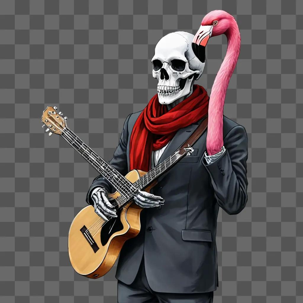 flamingos sketch A skeleton plays guitar while wearing a pink flamingo scarf