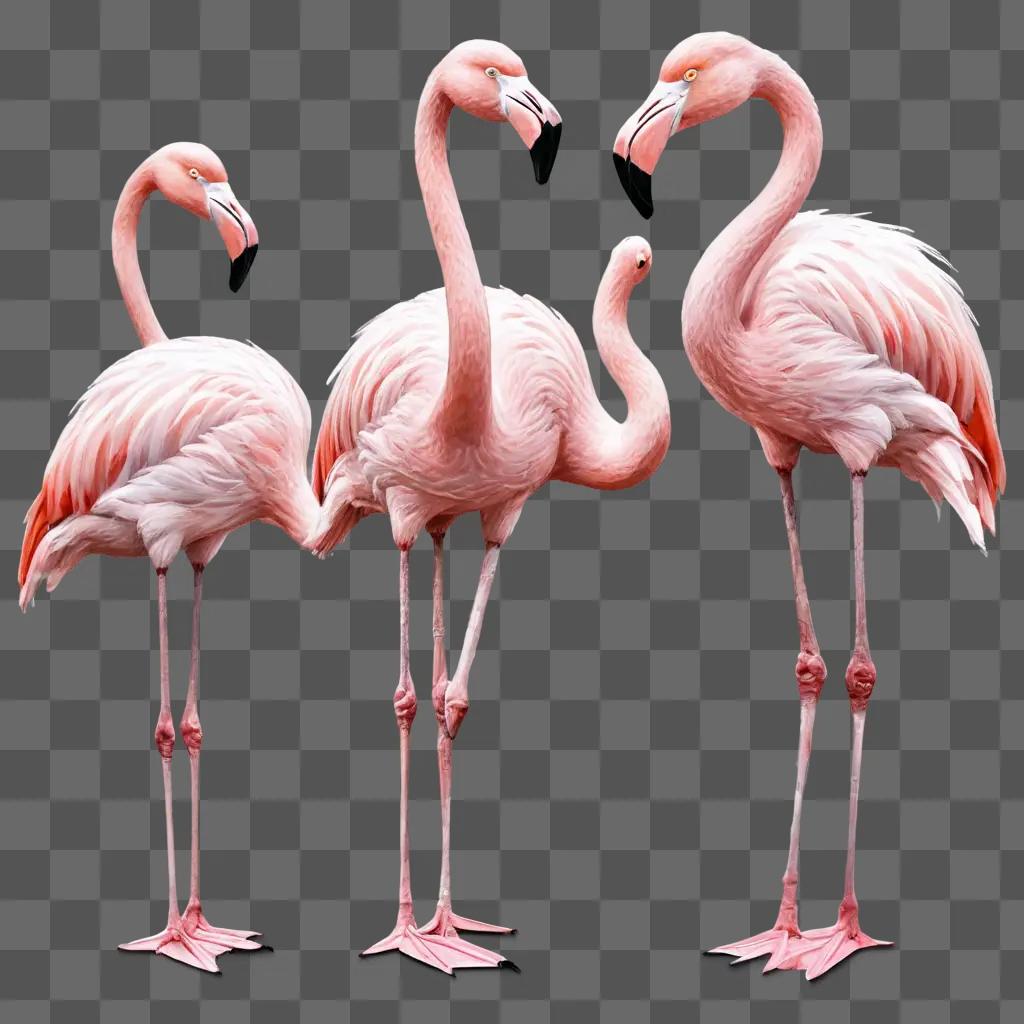 flamingos sketch Three pink flamingos standing together in a pink background