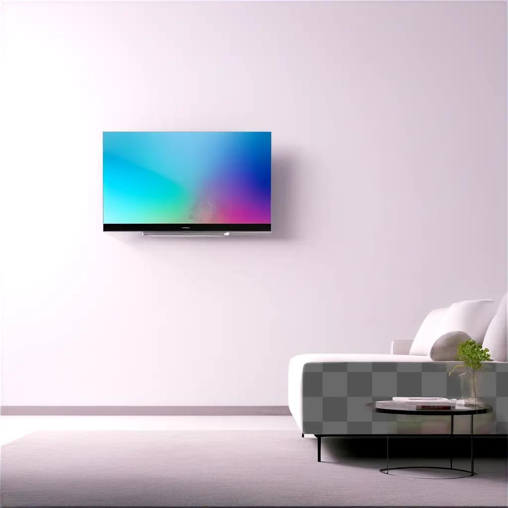 flat screen TV sits on the wall behind a couch