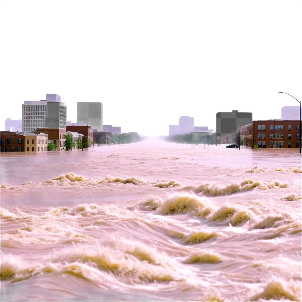 flooded street with buildings in the background