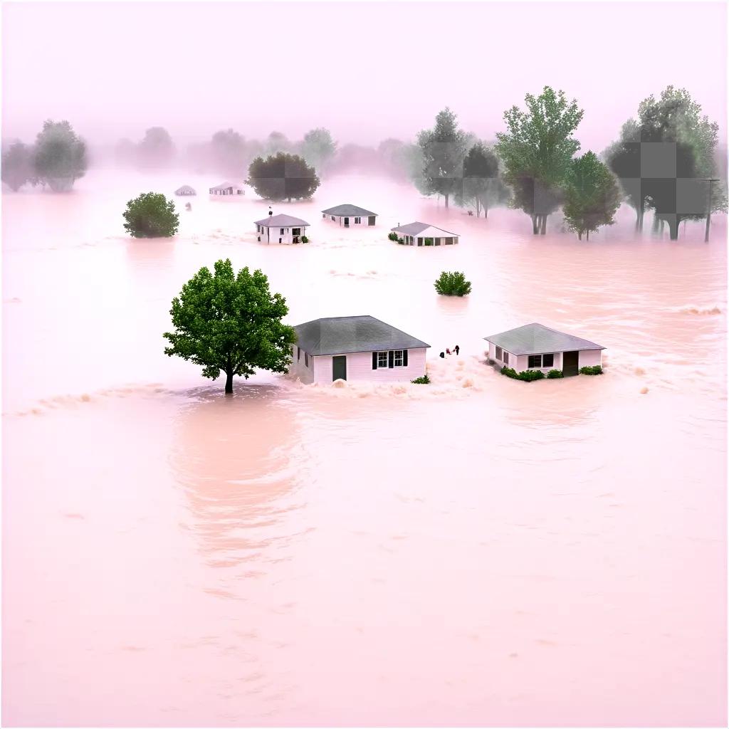 flooded street with houses and trees