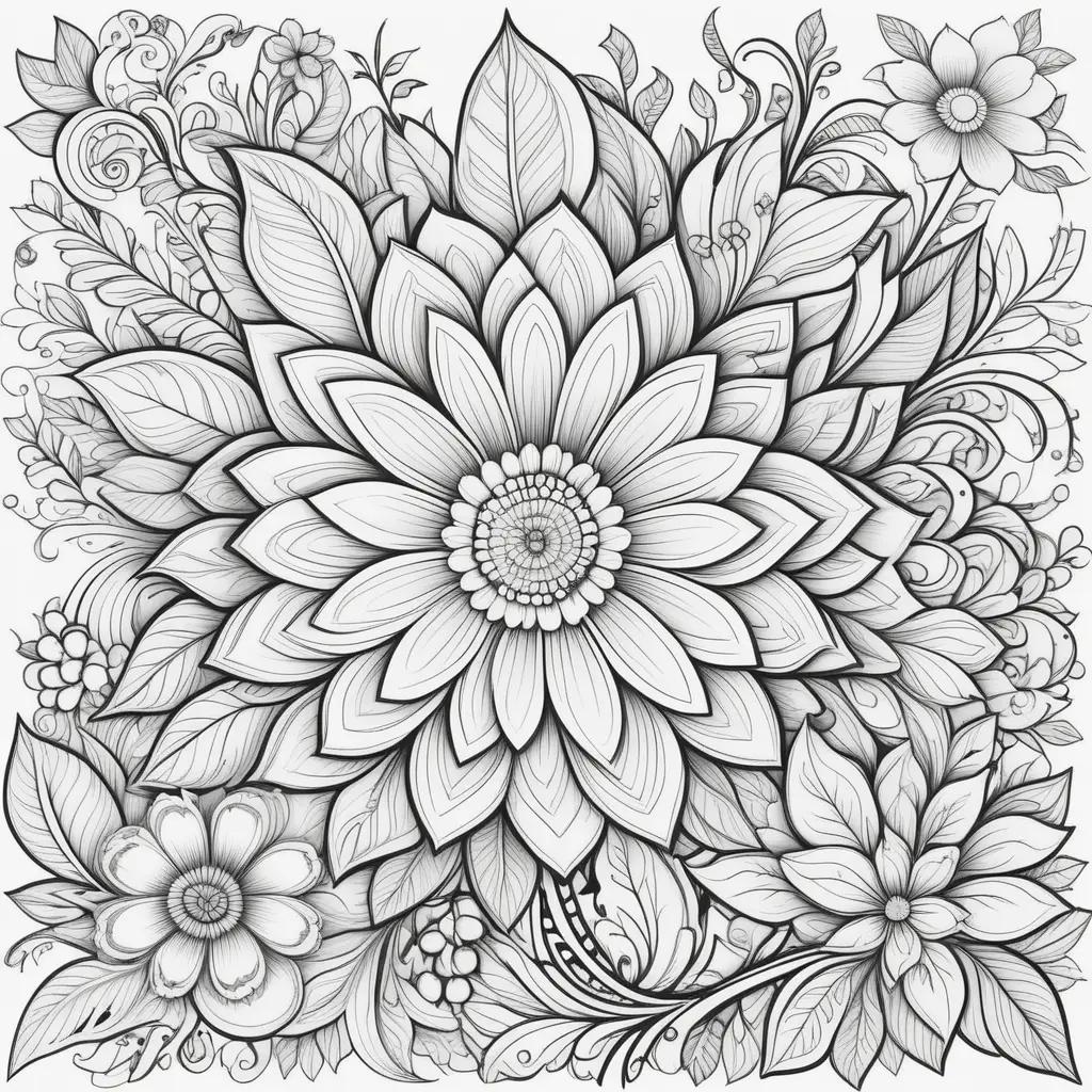 floral coloring page with black and white flowers