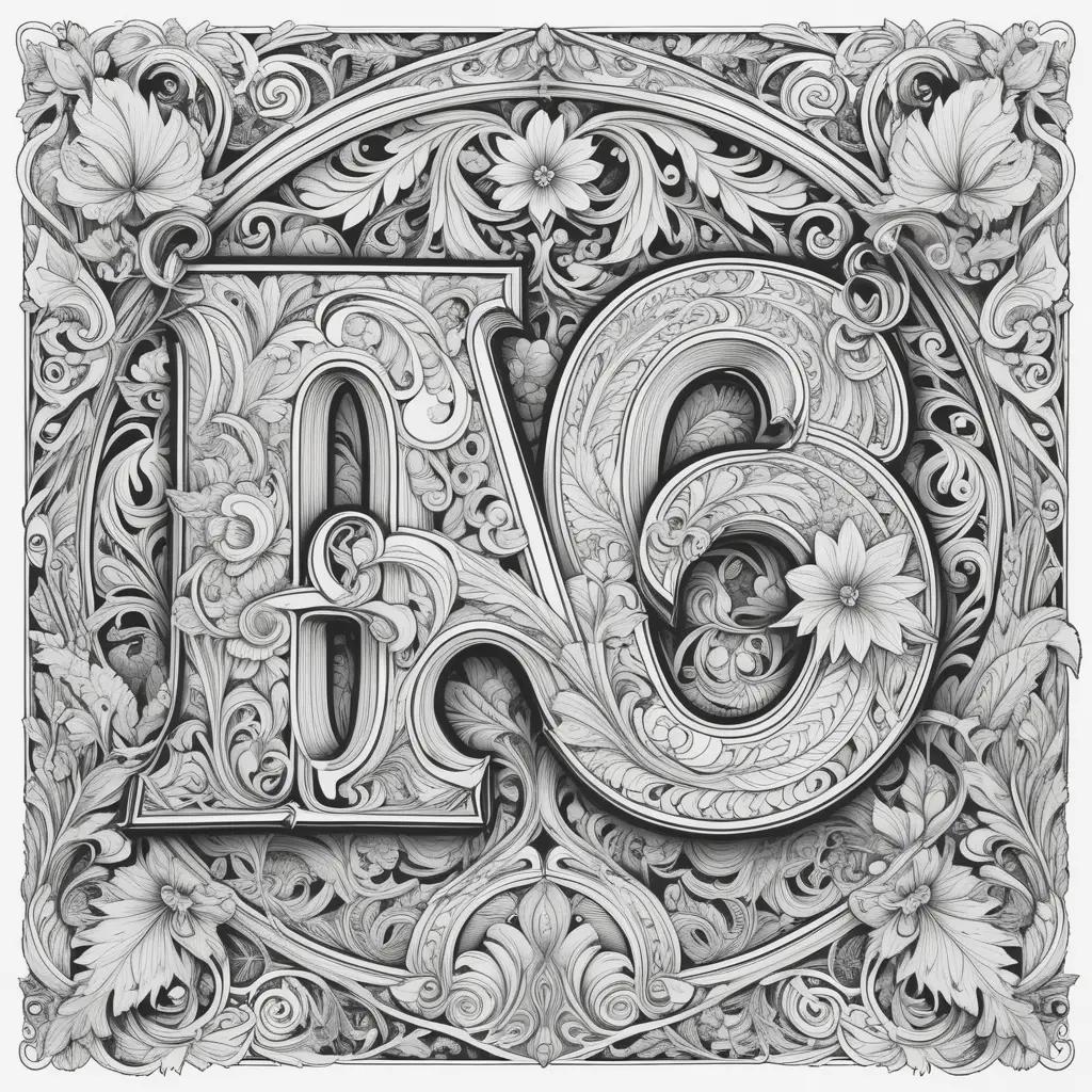 floral design of the letter A in black and white