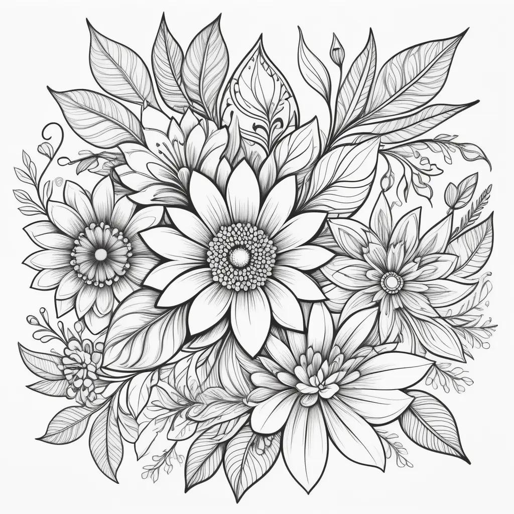 floral drawing in black and white with easy flower coloring pages