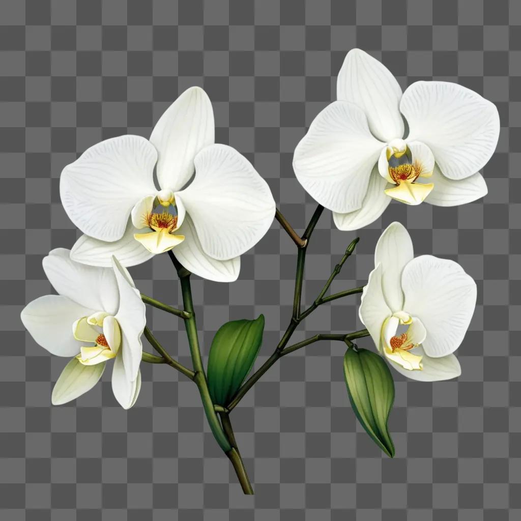 floral drawing with white orchid flowers and green leaves