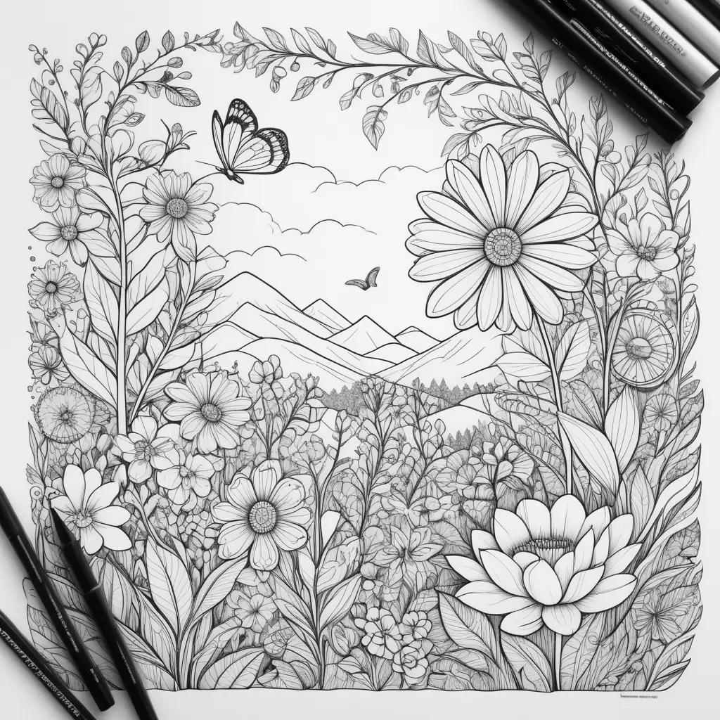 蝶と花を背景にした花のイラスト