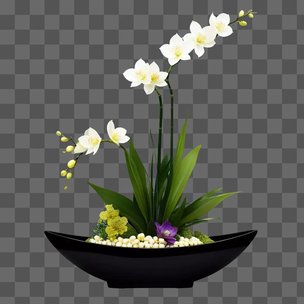 flower arrangement in a bowl on a green background