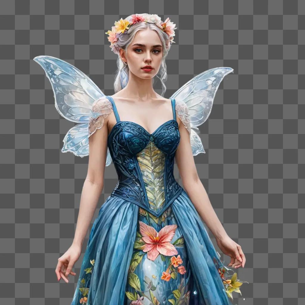 flower drawing colour A fantasy fairy with a blue dress and wings