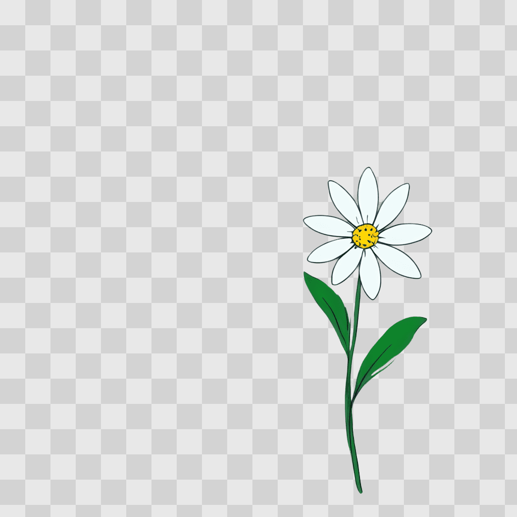 flower drawing simple A white flower with green leaves and a yellow center