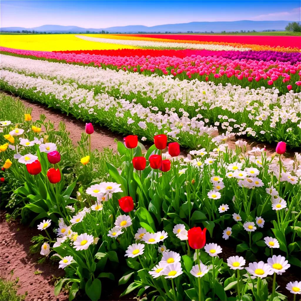 flower field is a riot of colors with red, white, and yellow flowers