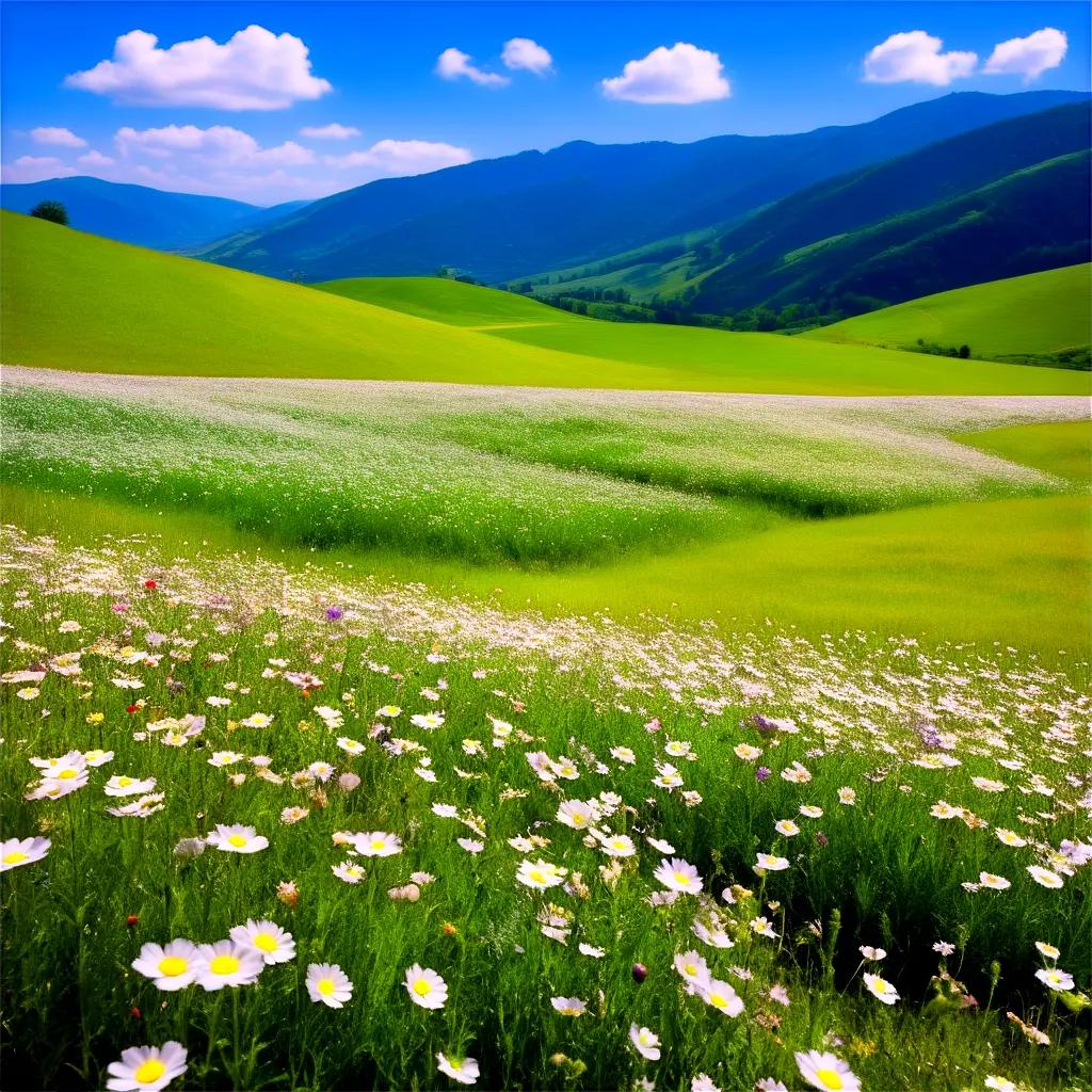 flower field with many white flowers and green grass