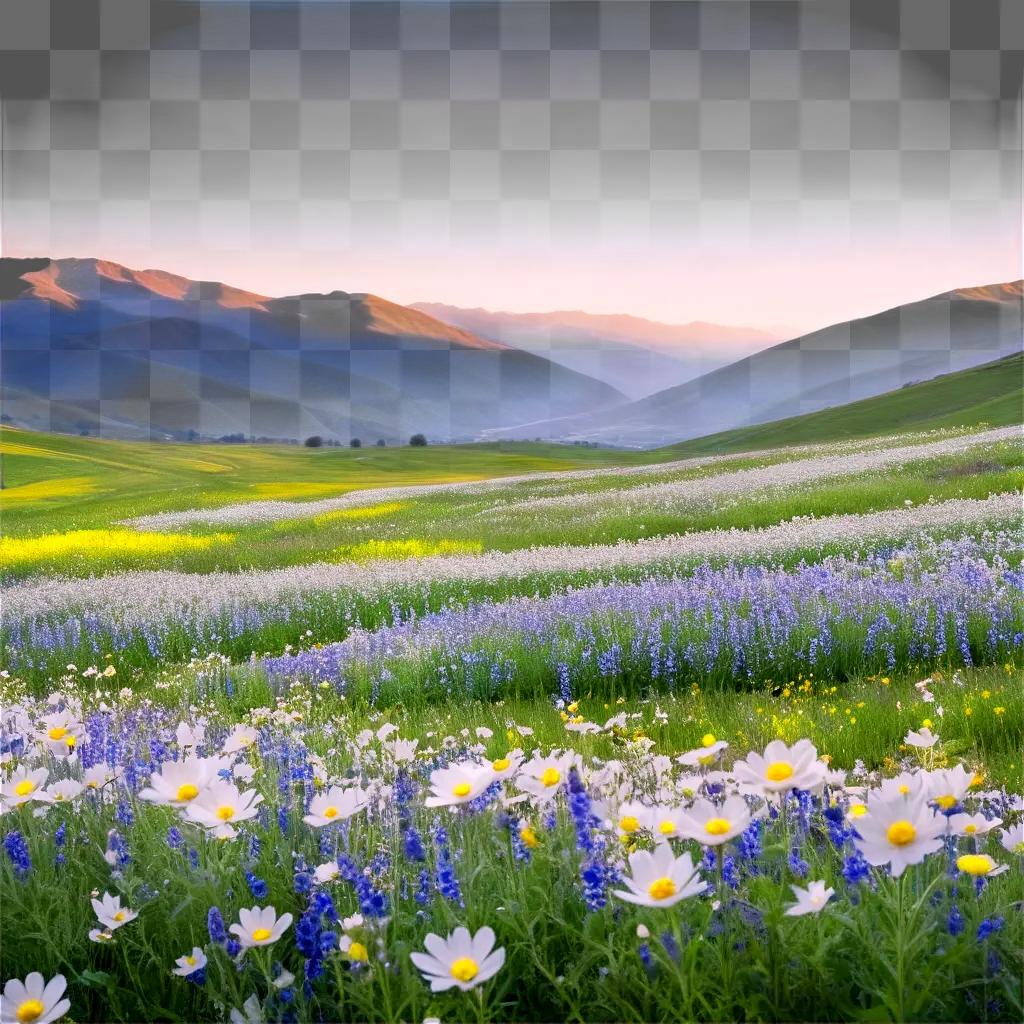 flower field with wildflowers and mountains in the background