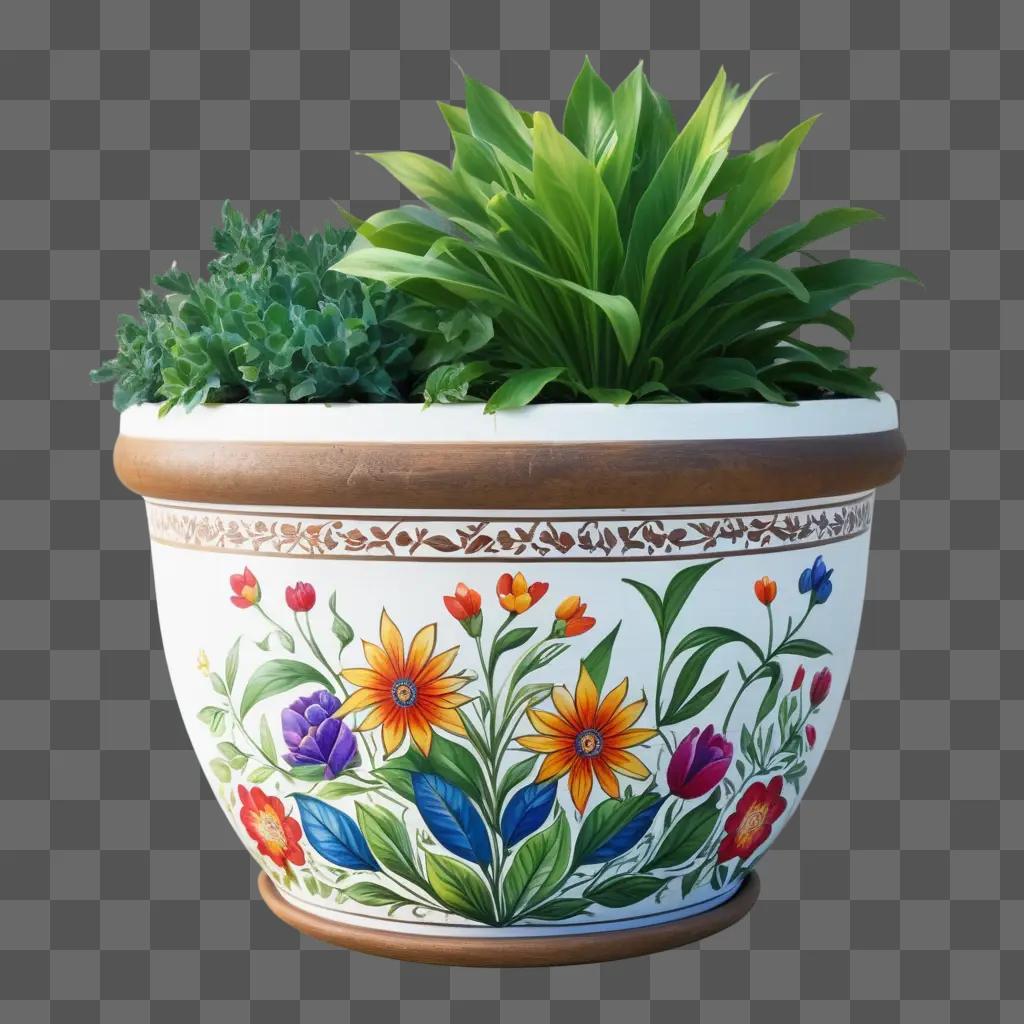 flower pot with a colorful design holds plants