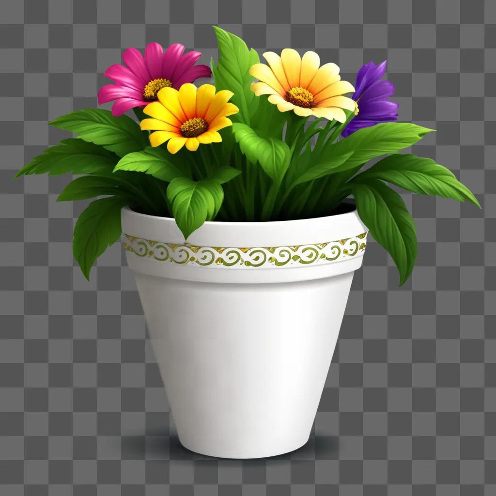 flower pot with a green border and colorful flowers inside