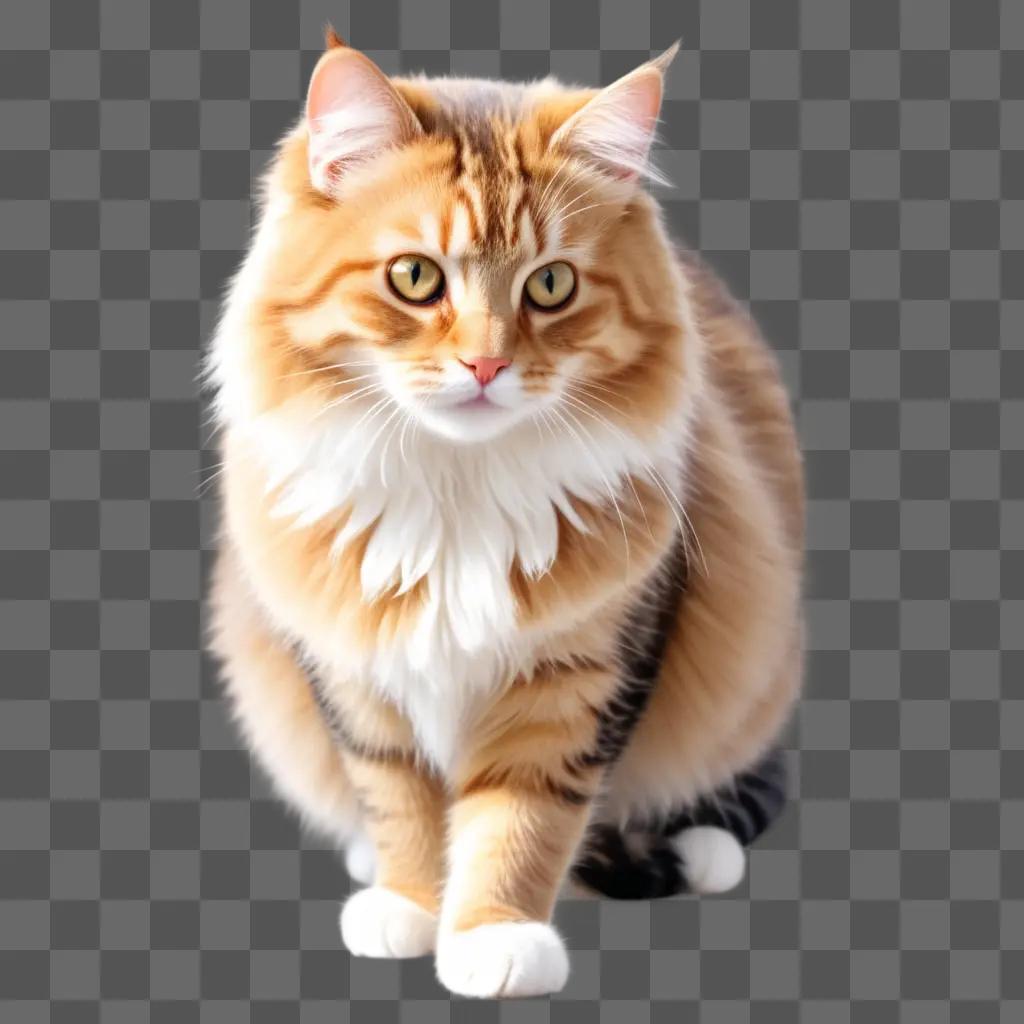 fluffy orange and white cat stands in front of a beige background