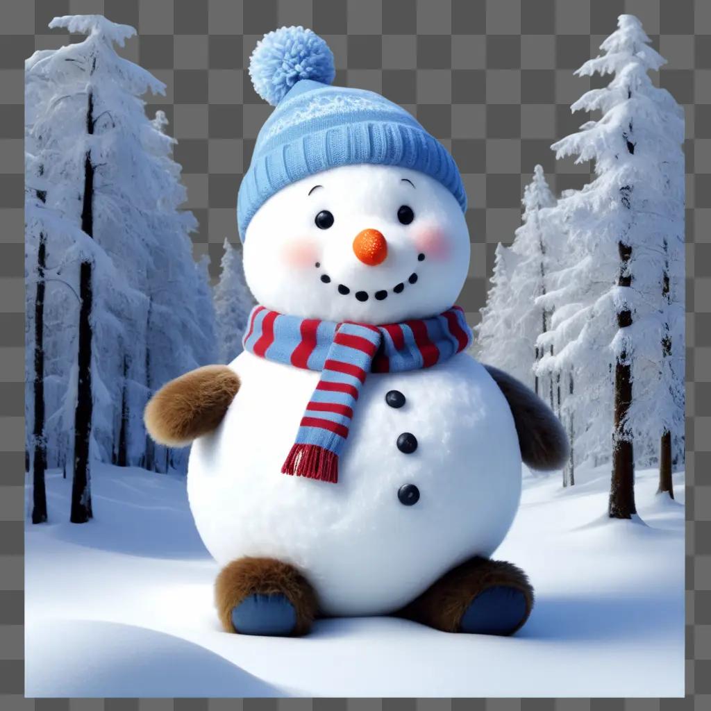 fluffy snowman bear stands in a snowy forest