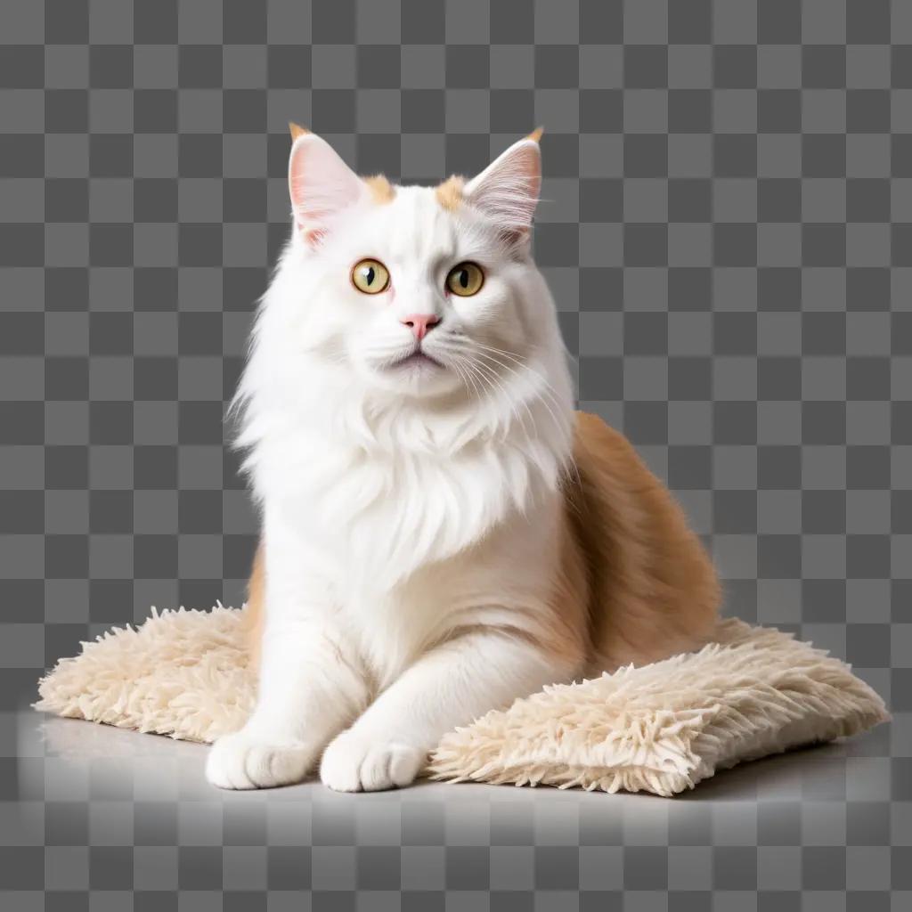 fluffy white cat sitting on a soft cushion