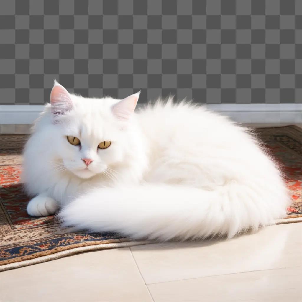 fluffy white cat with long fur on a rug