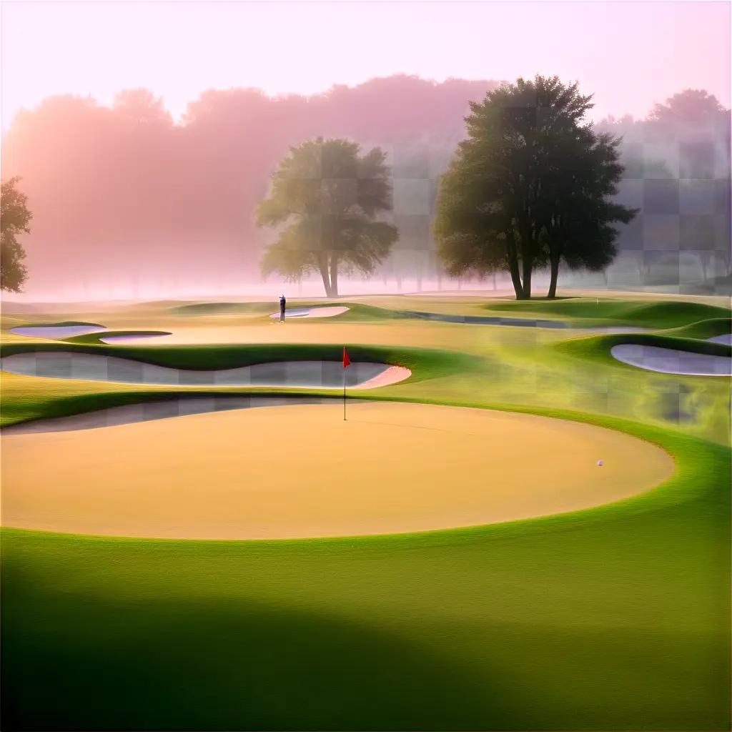 foggy day at a golf course with a man on a green hole