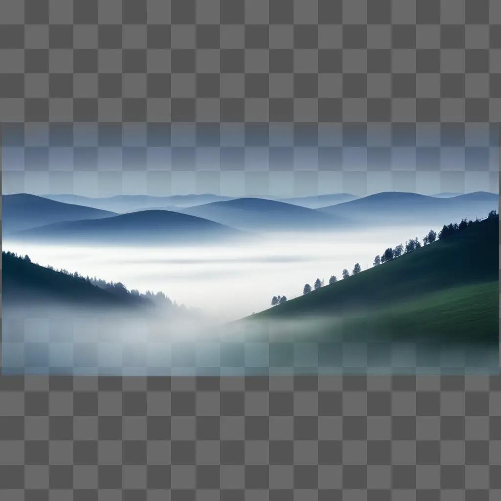 foggy landscape with a blue sky in the background