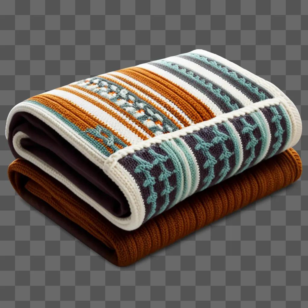 茶色の背景に色とりどりの縞模様の折り畳み毛布