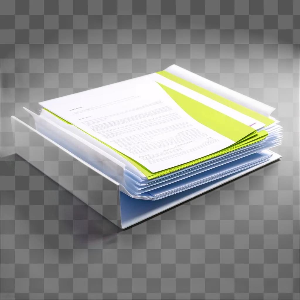 folder with a green stripe is open on a white surface