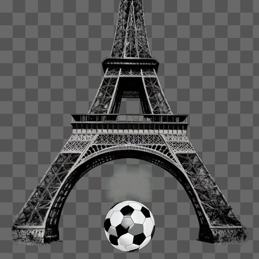 football drawing Black and white image of the Eiffel Tower with a soccer ball in front