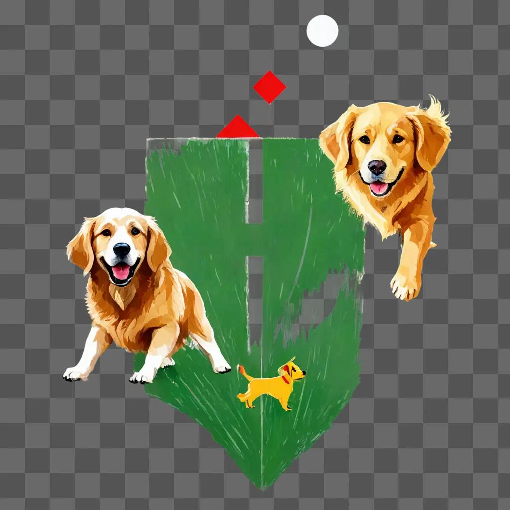 football drawing Two dogs and a small puppy on a green background