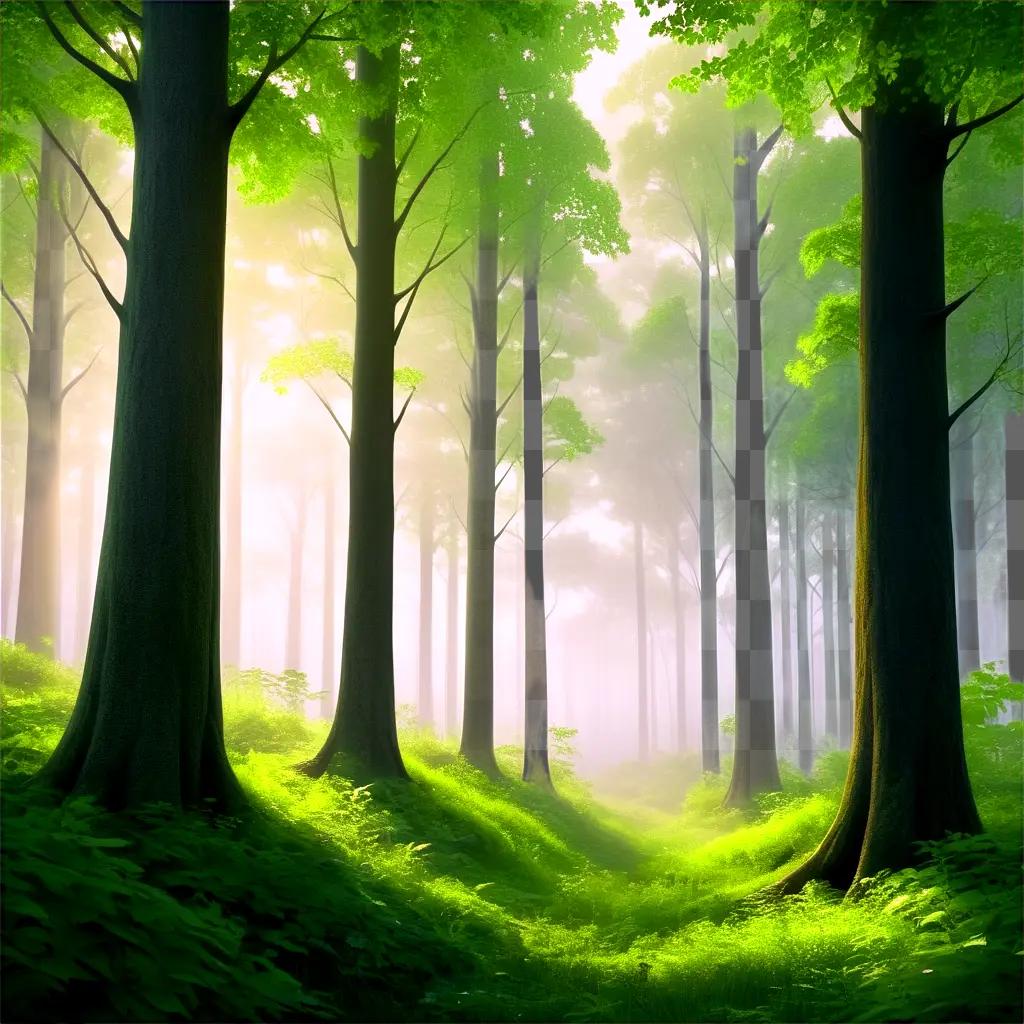 forest background with green trees and light