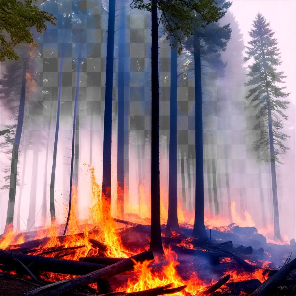 forest fire burns a pile of logs