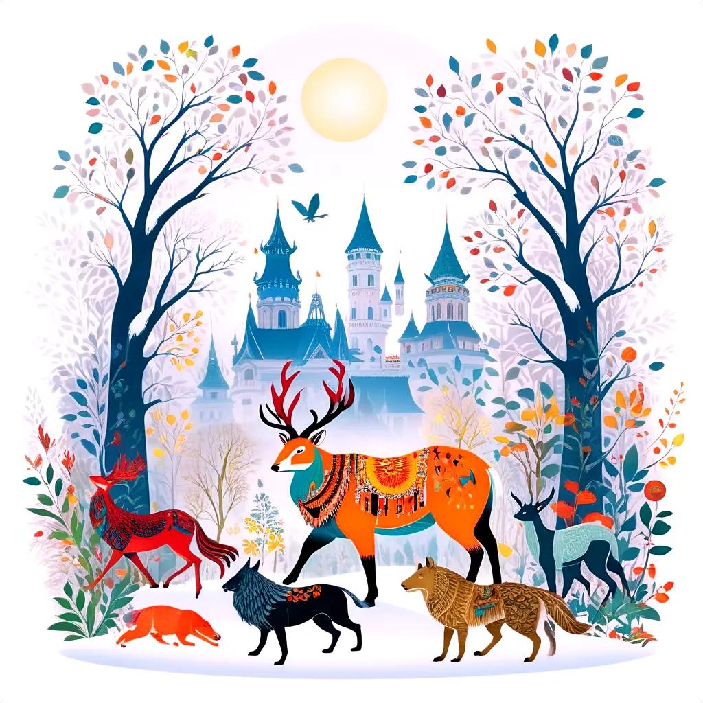 forest of animals in folklore with a castle in the background