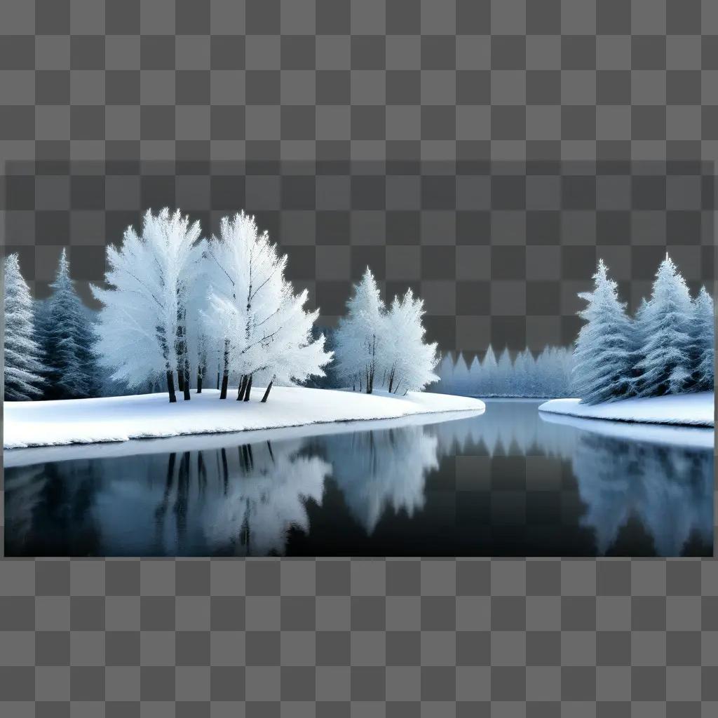 forest of frosty trees near a calm lake