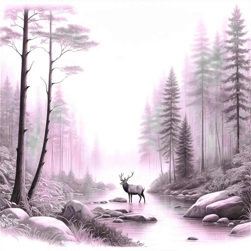 forest scene with a deer in the water