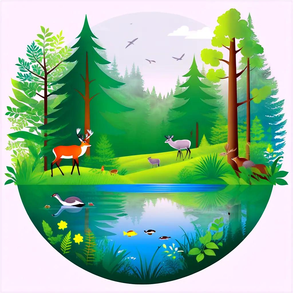 forest scene with animals and birds