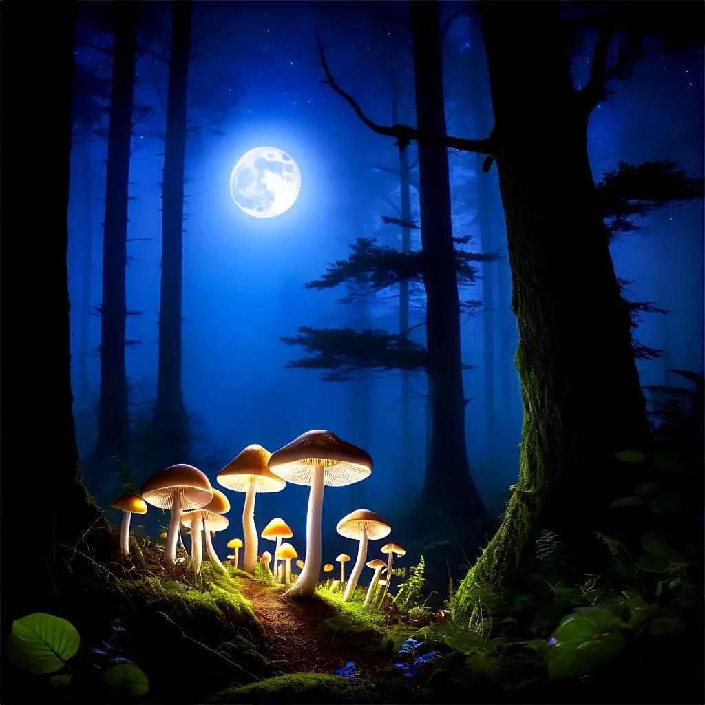 forest scene with glowing mushrooms and a full moon