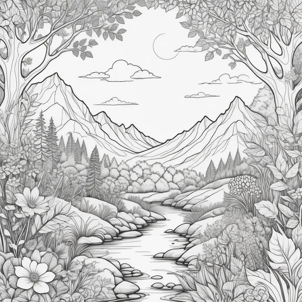 forest with a mountain range and a stream