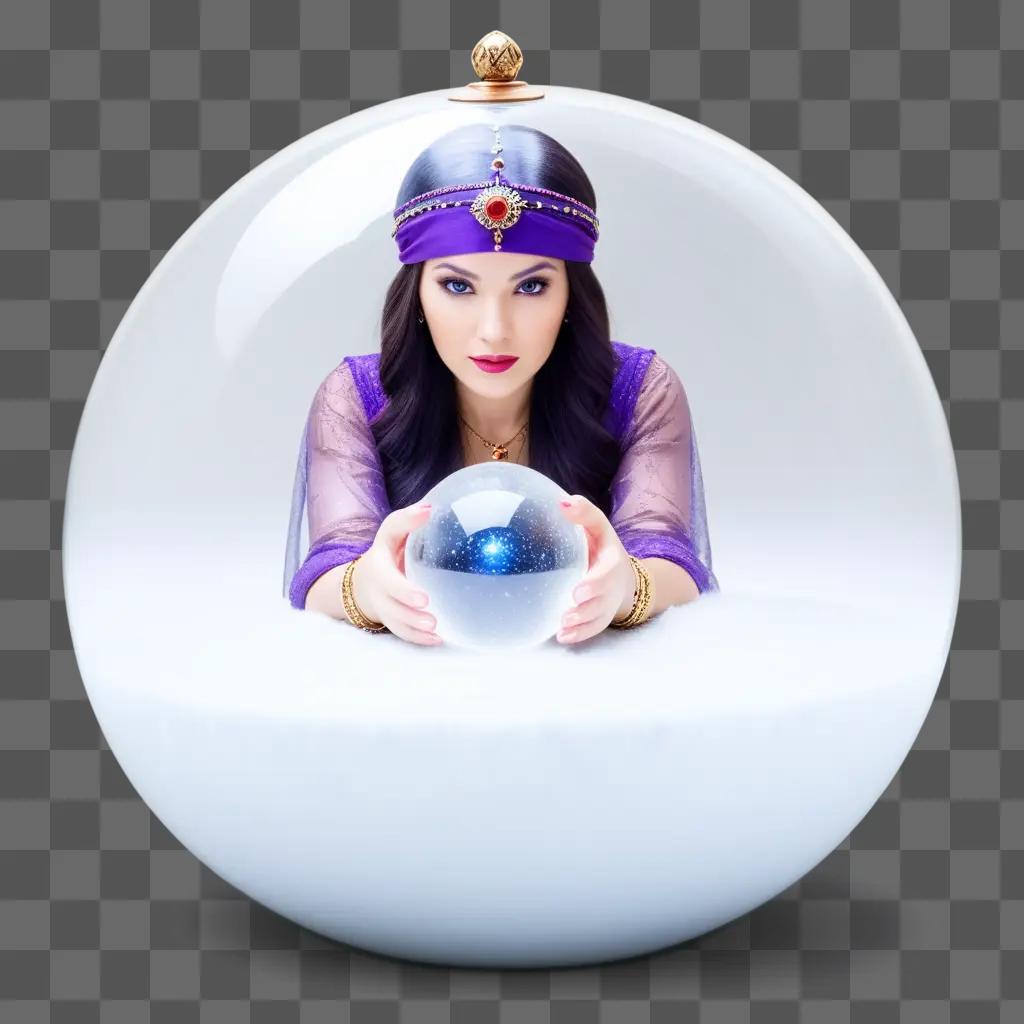 fortune teller in a purple dress holds a crystal ball