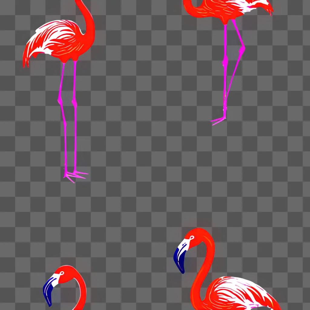 four flamingos in pink drawing with colour