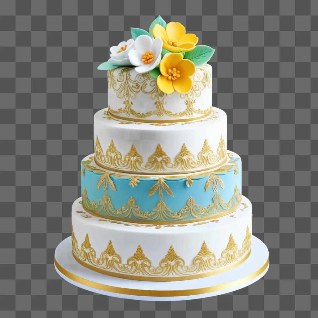 four-tiered cake with gold and blue icing and flowers