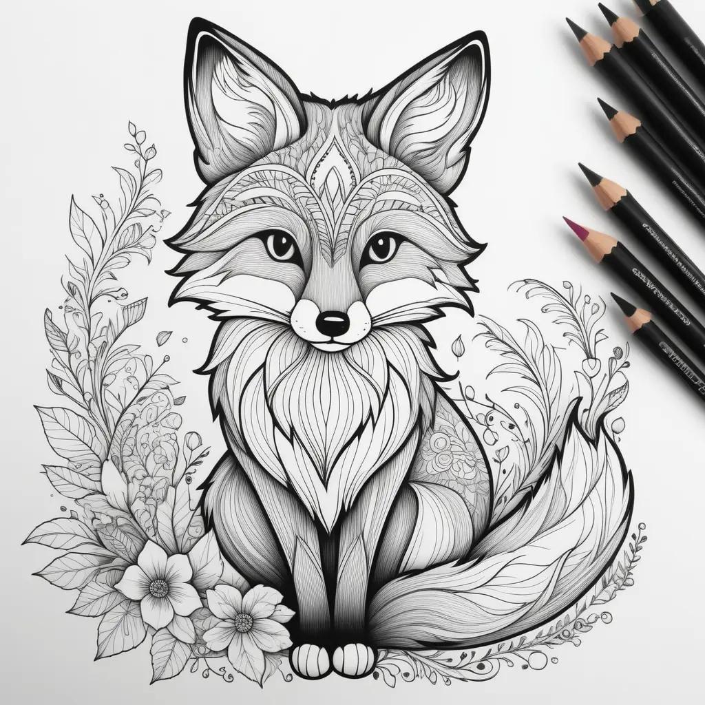 fox coloring page with a black and white design