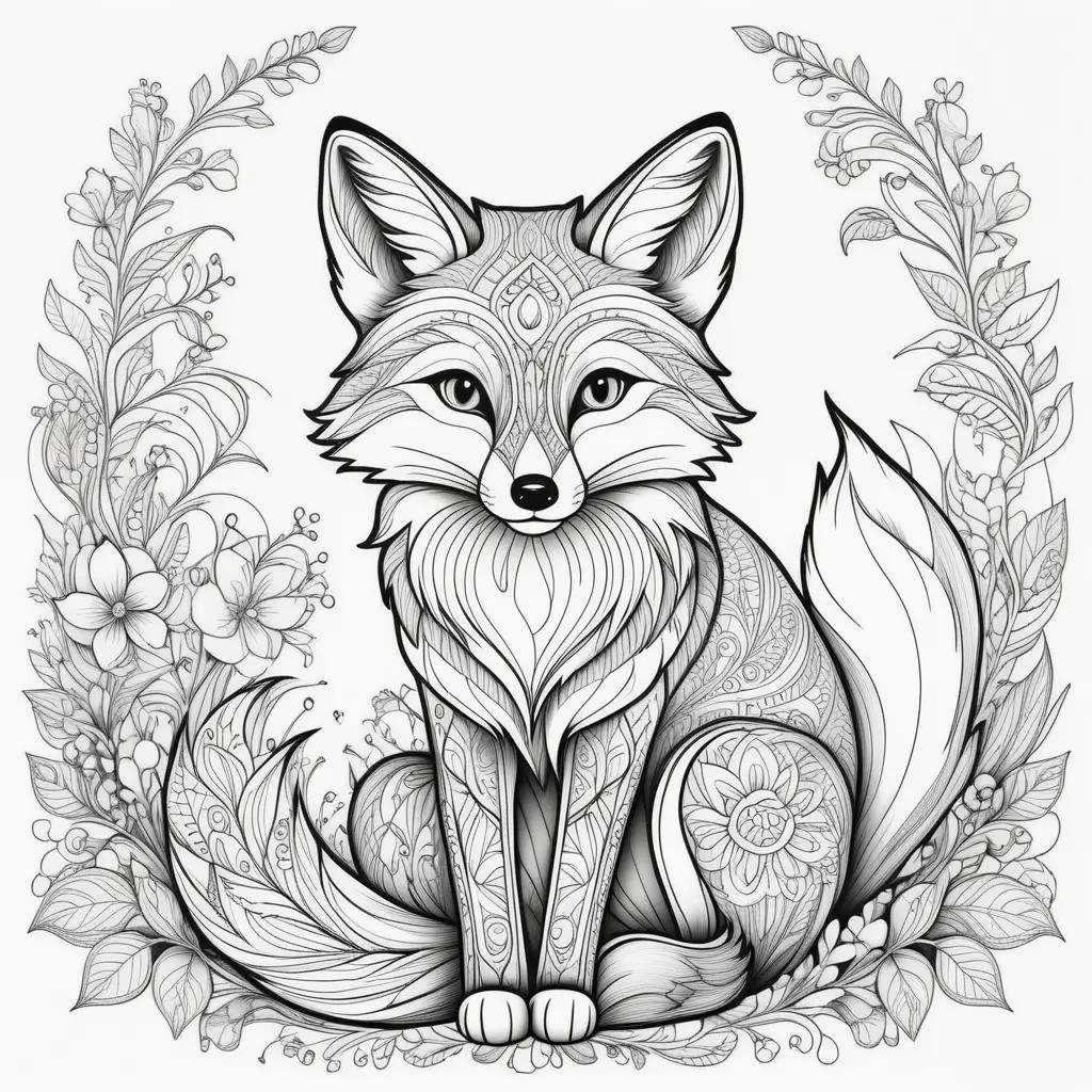 fox coloring page with a floral border and intricate details