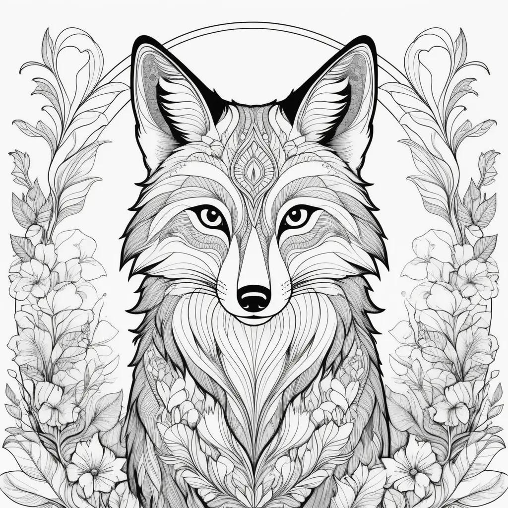 fox coloring page with flowers and leaves