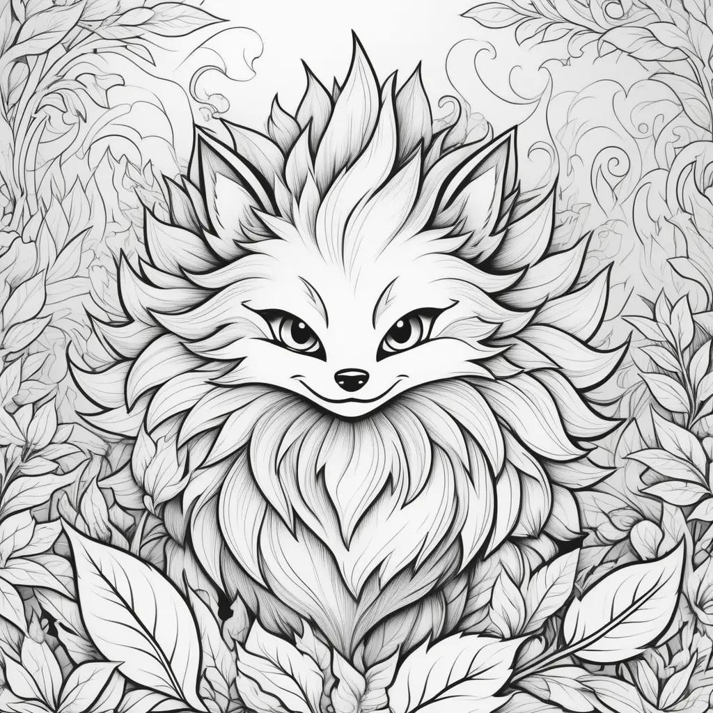 fox coloring page with leaves in the background