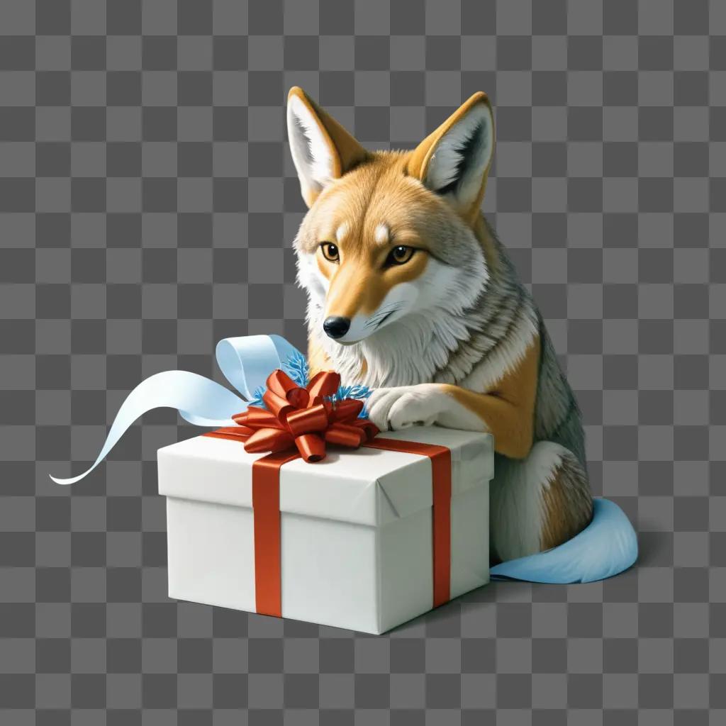 fox is sitting next to a gift box with a bow