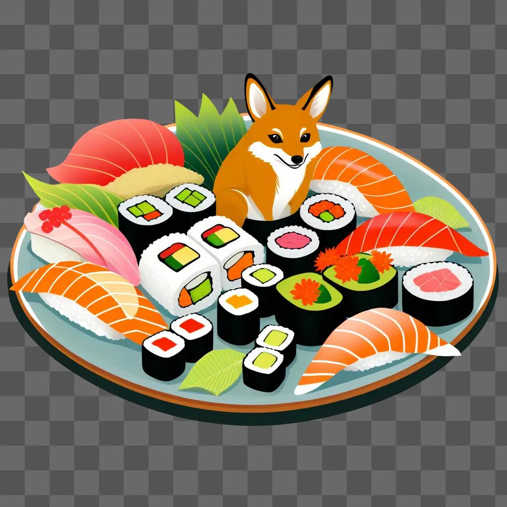 fox sitting on sushi on a plate