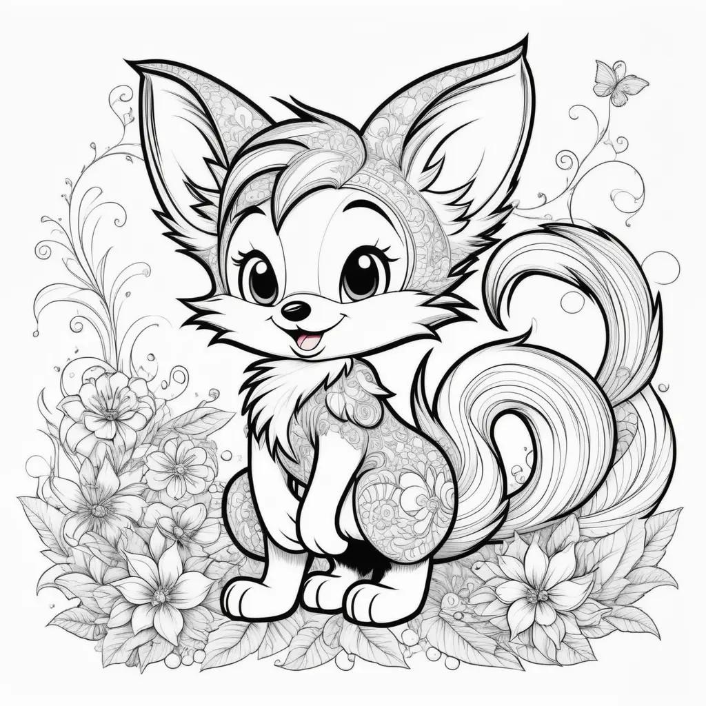 fox with tails coloring pages featuring flowers and butterflies