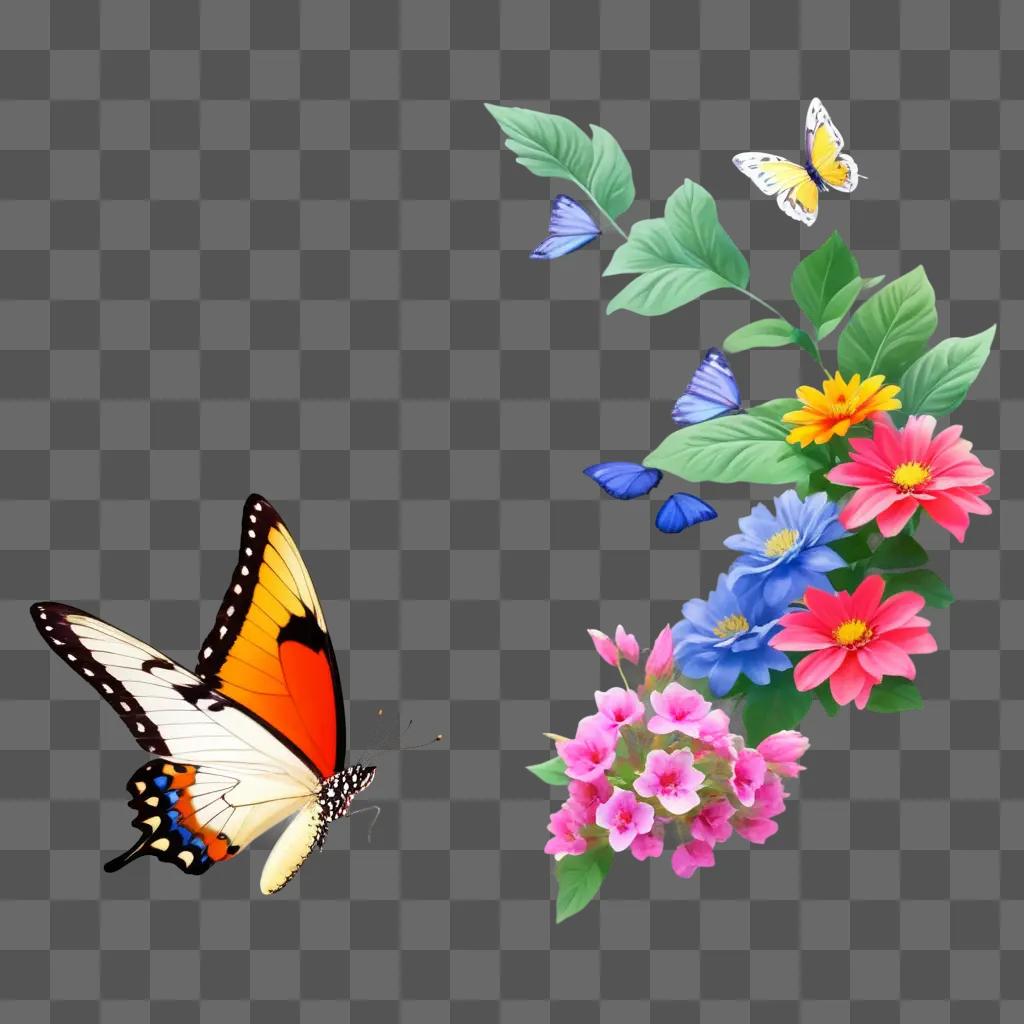 free butterfly flies among colorful flowers and leaves