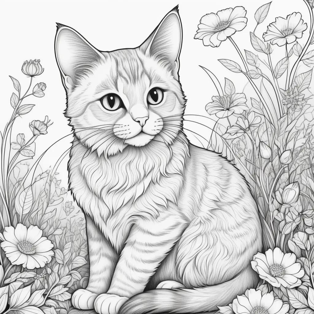 free cat coloring page with a gray tabby cat and flowers